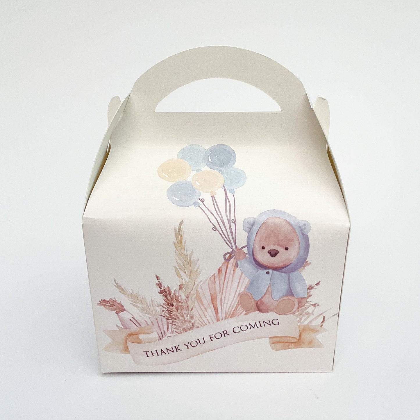 Watercolour Neutral Boho Teddy Bears and Balloons Personalised Children’s Party Box Gift Bag Favour