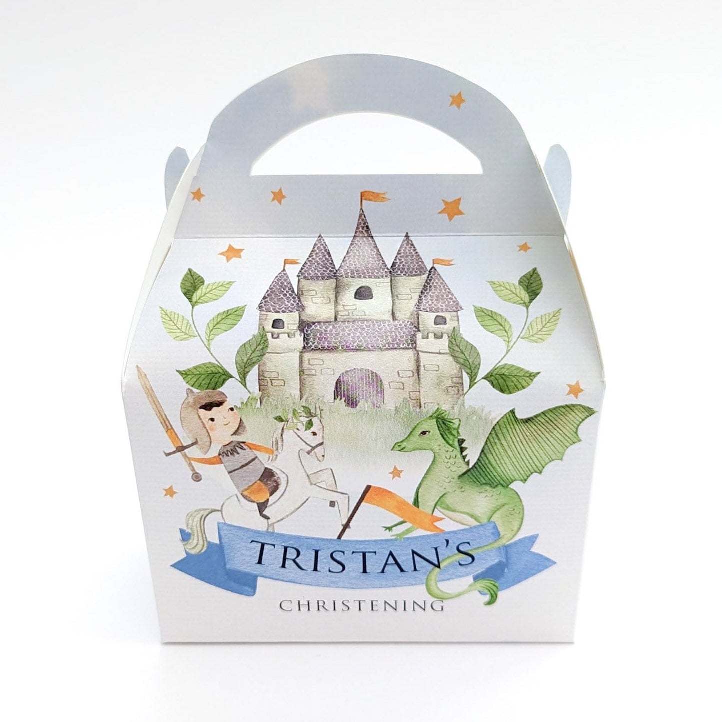 Knights and Dragons fairytale Castle Watercolour Personalised Children’s Party Box Gift Bag Favour