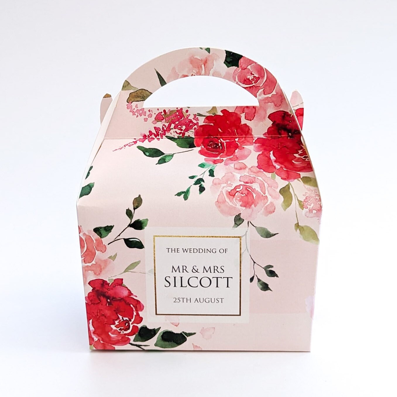 WEDDING Personalised Pink and Red Floral Wedding Favour Boxes Hen Party Bridal Shower Gift Box