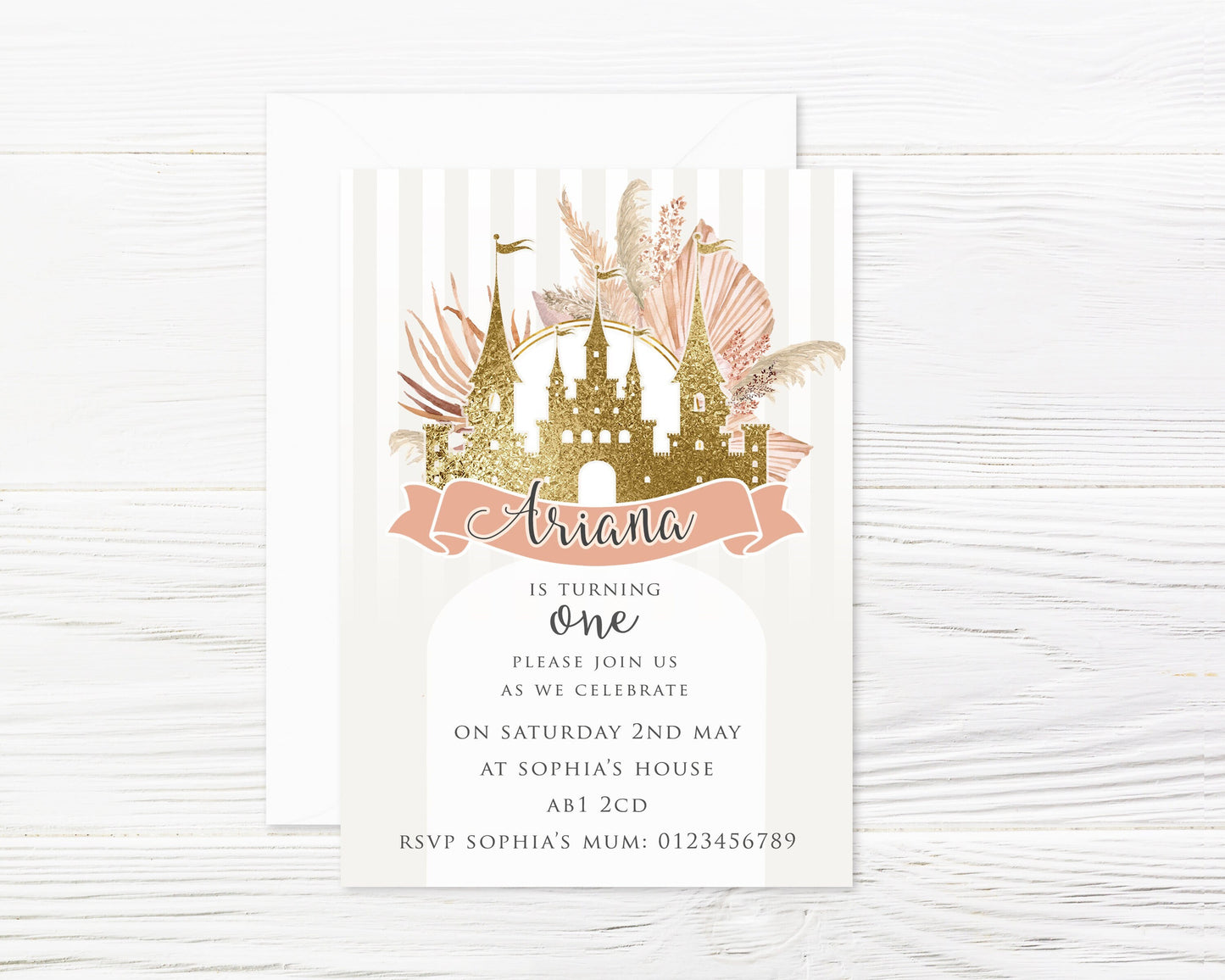 Personalised Boho Princess Invitations and Envelopes x 8